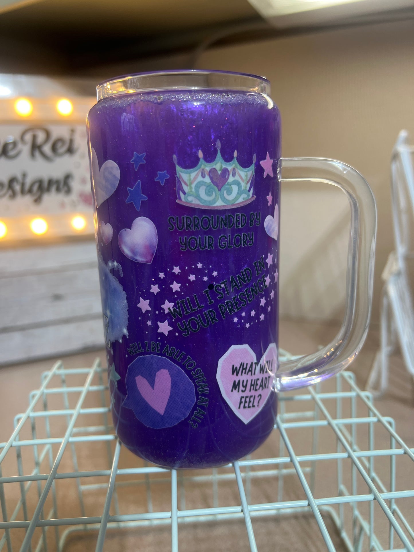 16 oz GLASS purple shimmer glitter globe with clear ACRYLIC lid