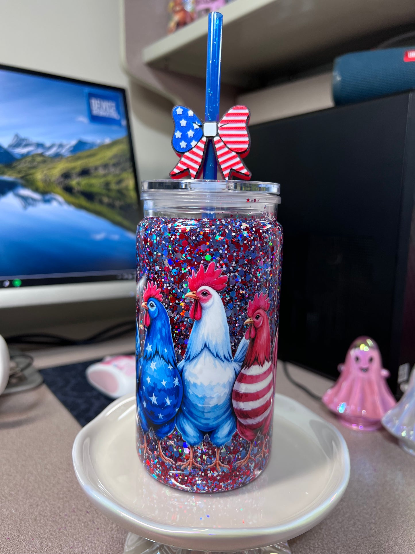 16 oz ACRYLIC Suspended flow with glitter straw & straw charm