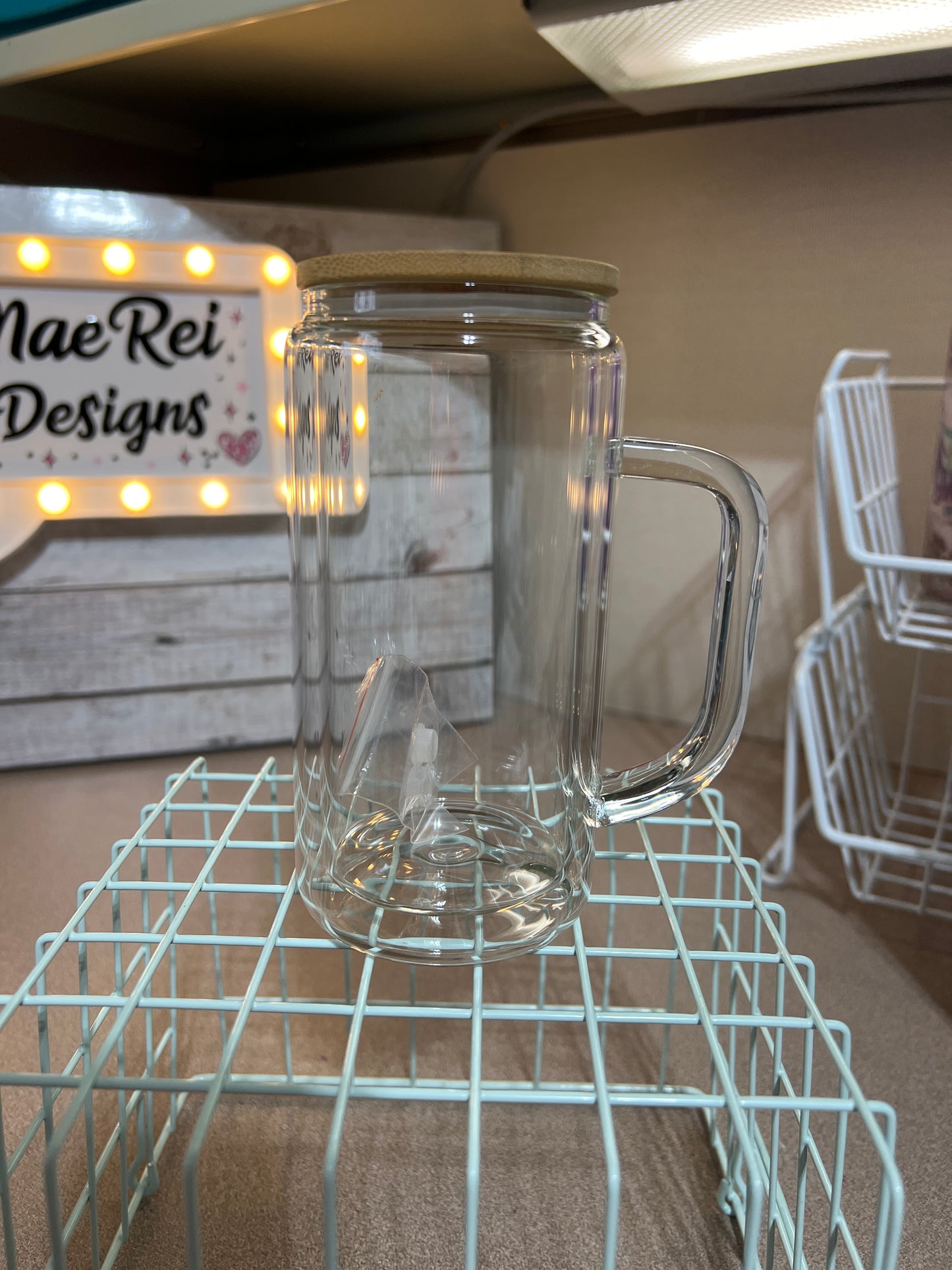 16 oz GLASS Glitter globe with HANDLE & bamboo lid