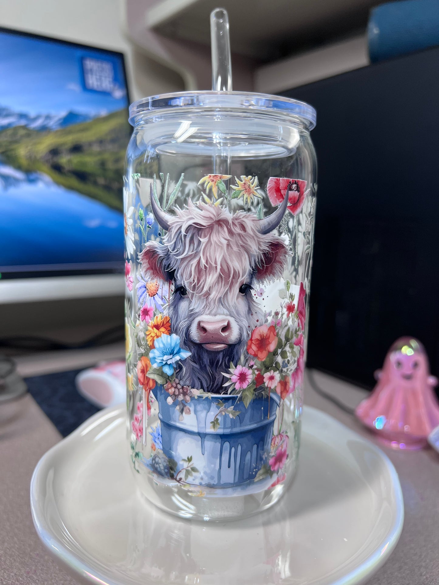 16 oz GLASS CAN (non-snow globe) with glass straw