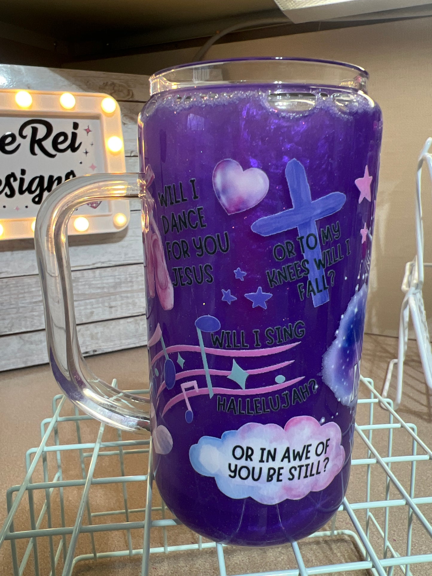16 oz GLASS purple shimmer glitter globe with clear ACRYLIC lid