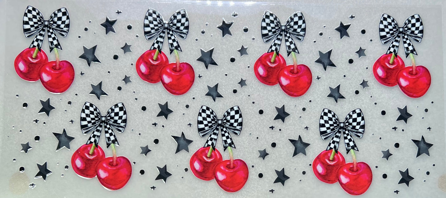 Cherries, black check bows, stars