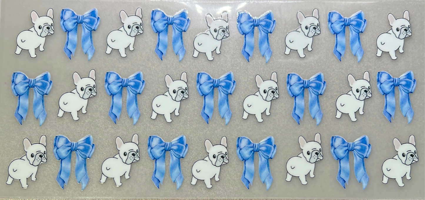 White Frenchie blue bows