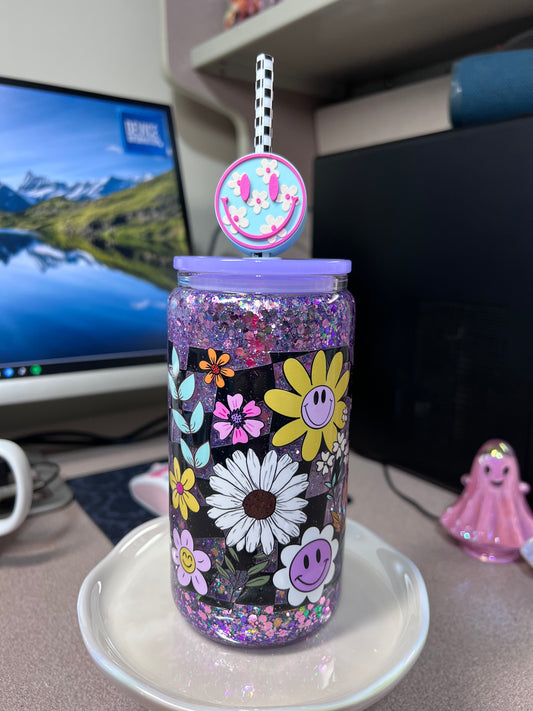 16 oz GLASS slow flow with checked straw & straw charm