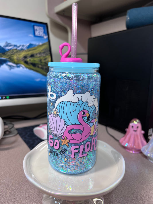 16 oz GLASS Slow Flow with glitter straw & straw charm “Go with the Float”