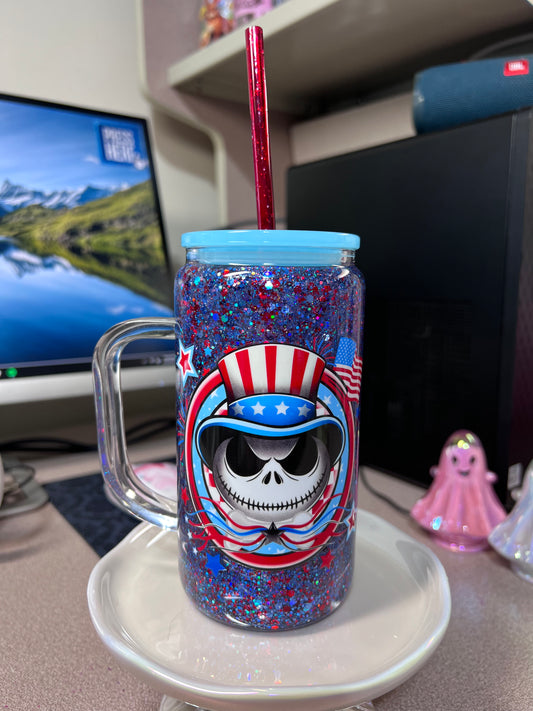 16 oz GLASS w/handle Suspended flow with glitter straw