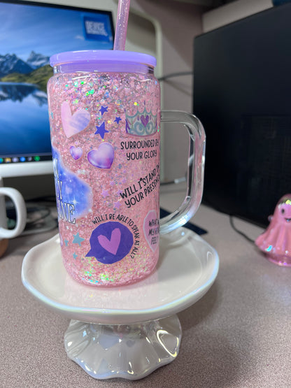 16 oz GLASS w/ Handle Suspended flow with glitter straw